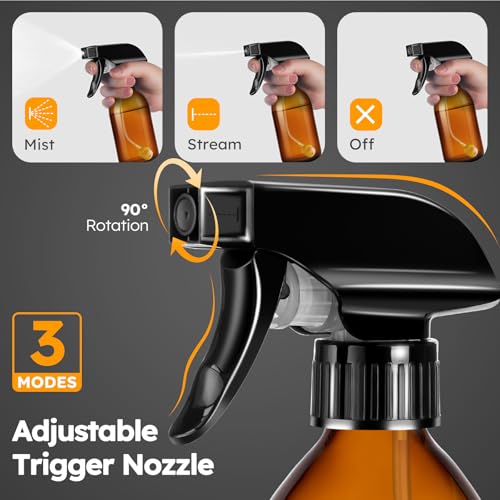 Tecohouse 360° 4 OZ Amber Glass Spray Bottles 2 Pack | 360° All-Angle Spray, Leakproof, Empty Refillable Containers for Cleaning Solutions, Plants, Facial Hydration, Hairs Care,