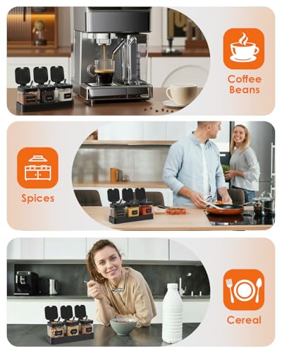 Glass Coffee Containers Set, 3 Pcs, Black | Coffee Station Storage Set with Lids, Spoons and Bases, Includes Stickers and Pen, Storage Jars for Sugar, Coffee, Spices