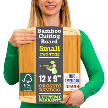 GREENER CHEF 12 Inch Small Bamboo Cutting Board with Lifetime Replacements - Small Wooden Chopping Board for Kitchen, Meat, Vegetables, Cheese, Bread, Charcuterie, and Everyday Food Prep - color: Two-Tone, size: 12"L x 9"W