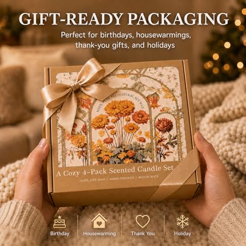 Scented Candle Gift Set, 4 Pack Long Lasting Amber Candles with Wooden Wick | Birthday Gifts for Women and Men, Candles with Amber Patchouli, Vanilla Coconut, Lemon Lavender, Blackberry & Bergamot - color: 4-Pack Amber Candles