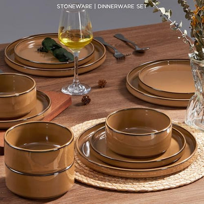 Onader Stoneware Dinnerware Sets for 4, Plates and Bowls with Unglazed Terracotta Bottom, Elegant Kitchen Ceramic Dish Dishware Set, Reactive Glaze 12 Piece - Earthy Umber - color: Earthy Umber