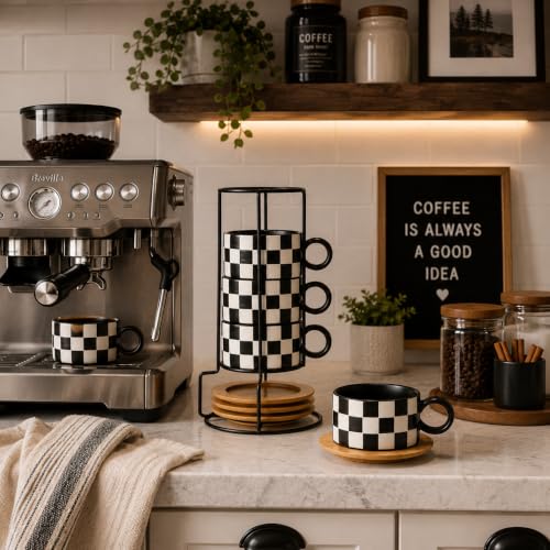 LUKA 6 Ounce Ceramic Stackable Black and White Checkered Espresso Cups with Saucers and Metal Stand Set of 4, Cappuccino Cups Set for Coffee Drinks, Latte, Cafe Mocha and Tea, Black Interior - color: 4BKG-Black & White