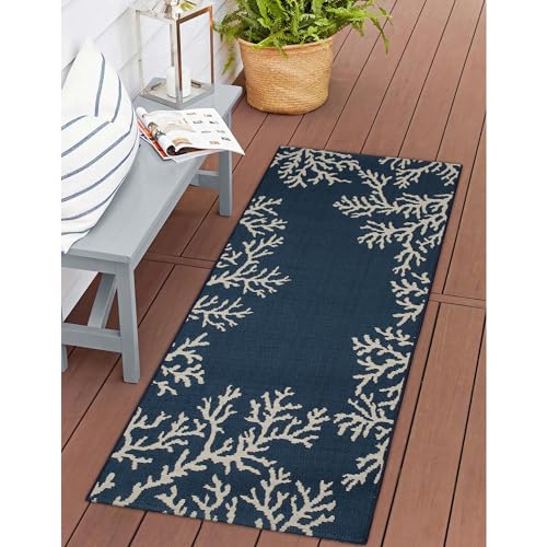 Liora Manne Esencia Machine Washable Non-Slip Low Profile Indoor/Outdoor Mat-Transitional, Coastal, Beach, Border, Coral Edge Navy 1'11" x 4'11" - color: Coral Edge Navy, size: 1'11" x 4'11" (Rectangular)