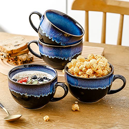 KOOV Ceramic Soup Mug, Soup Bowls with Handles Microwave Safe, 24 Ounce Jumbo Mug and Cereal Mugs Set of 4, Reactive Glaze (Nebula Blue) - color: Nebula Blue