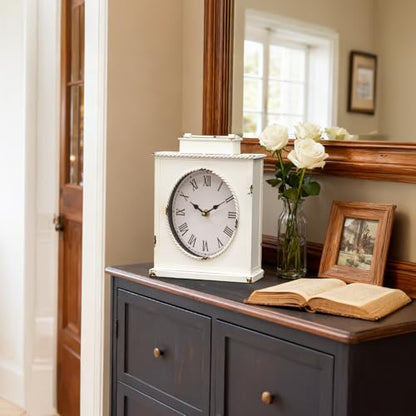 Vintage Mantel Clock, Large Rustic Distressed Metal Table Clock with Handle, Silent Non-Ticking Quartz Movement, Whitewashed Fireplace Shelf Desk Clock for Living Room Bedroom Office - style: White Clock