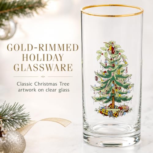 Spode Christmas Tree 15oz Highball Glasses, Set of 4 - Gold-Rimmed Elegant Holiday-Themed Glassware, Festive Holiday Drinkware for Christmas Parties, New Year’s Toasts & Festive Occasions | Ideal for serving cocktails & sparkling water, 22k gold-trimmed r