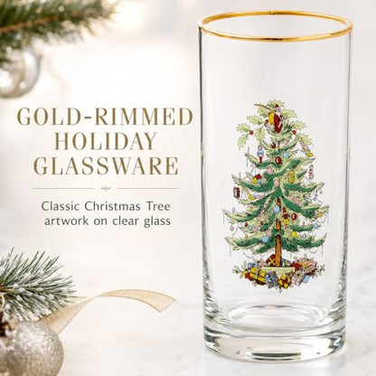 Spode Christmas Tree 15oz Highball Glasses, Set of 4 - Gold-Rimmed Elegant Holiday-Themed Glassware, Festive Holiday Drinkware for Christmas Parties, New Year’s Toasts & Festive Occasions | Ideal for serving cocktails & sparkling water, 22k gold-trimmed r