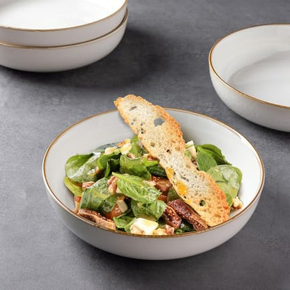 GBHOME 8.75'' Large Ceramic Pasta Bowls, 38oz Stoneware Pasta Serving Bowls Set of 4 for Kitchen, Wide Bowls for Fruit,Pasta,Salad,Oatmeal,Meal, Microwave Safe, Reactive Glaze-Pear White - color: Pearl White