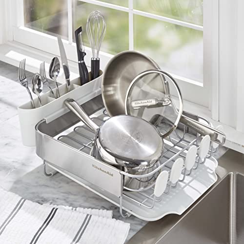KitchenAid Compact Satin Wire Rust Resistant, Expandable Dish Rack with Angled Self Draining Drainboard with Removable Flatware Caddy, 23.18-Inch, Gray - color: White, size: Compact