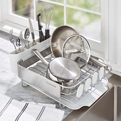 KitchenAid Compact Satin Wire Rust Resistant, Expandable Dish Rack with Angled Self Draining Drainboard with Removable Flatware Caddy, 23.18-Inch, Gray - color: White, size: Compact