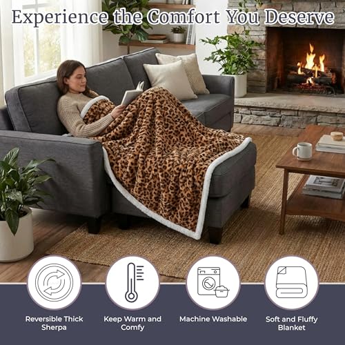 Sherpa Fleece Throw Blanket - 50x60-Inch Machine-Washable Reversible Throw - Fluffy Blankets for Couch, Chair, or Bed by Lavish Home (Leopard) - size: 50x60