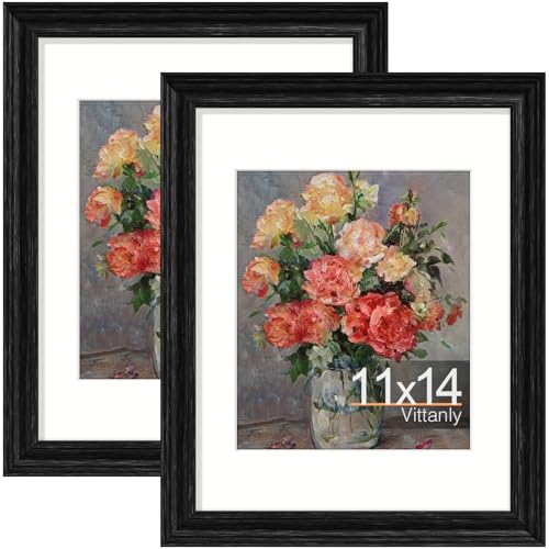 Vittanly 11x14 Picture Frames, Vintage Photo Frames, Distressed Black, 2-Pk | Display 8x10 Pictures with Mat or 11x14 without Mat, Rustic Frames with Plexiglass, Farmhouse Home Decor for Wall Mounting - color: Distressed Black, size: 11x14