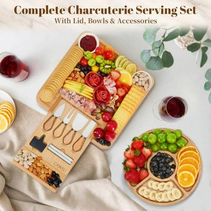 Bamboo Charcuterie Board Set with Lid, Drawer and Fruit Tray, Black | Includes serving utensils for easy entertaining; a thoughtful gift for housewarmings, weddings, birthdays and bridal showers. - color: Black