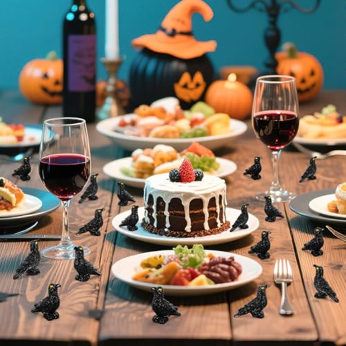 JUNEBRUSHS 50 Pcs Black Mini Resin Crow Halloween Table Decorations | Tiny Crows Figurines, Halloween Bird Ornaments, Tiered Tray Vase Filler Crafts, Party Favors - style: Halloween Style