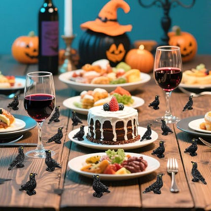 JUNEBRUSHS 50 Pcs Black Mini Resin Crow Halloween Table Decorations | Tiny Crows Figurines, Halloween Bird Ornaments, Tiered Tray Vase Filler Crafts, Party Favors - style: Halloween Style