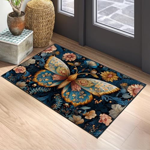 Butterfly Area Rug 2x3 ft Entry Rug Washable Boho Rugs Non Slip Low Pile Floral Door Mat Small Carpet for Bedroom, Bedside, Kids Room, Office, Dining Room - color: Butterfly, size: 2' x 3' (Rectangular)