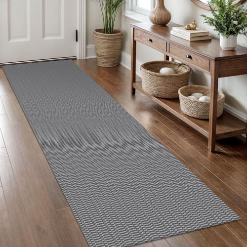 KOZYFLY 2x8 Runner Rug, Washable Non Slip Woven Kitchen Hallway Rug, Grey | Braided cotton carpet runner with rubber backing for kitchens, hallways, entryways, bedrooms and high-traffic indoor floors - color: Charcoal Grey/Dark Grey, size: 2' x 8' (Rectan