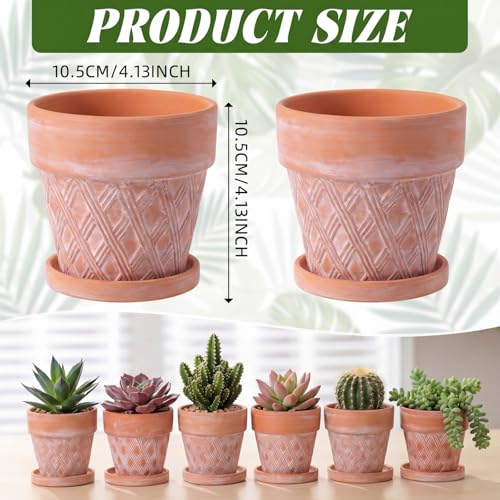 Set of 6 Embossed Succulent Pots 4" Small Terracotta Pots with Drainage Hole and Saucer Rustic Clay Succulent Planter Pot Decorative Ceramic Cactu Flower Pot for Indoor Outdoor(Lattice Style) - size: 4 Inch, style: Lattice Style