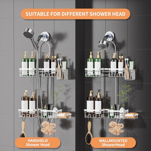 DAOYA Shower Caddy Hanging - Over Shower Head Caddy, 0.82 inch Universal with 2 Shelves, Soap Holder, Toothbrush Holder & Reusable Suction Hook, Complete Silver Bath Organizer Set