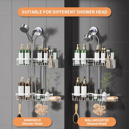 DAOYA Shower Caddy Hanging - Over Shower Head Caddy, 0.82 inch Universal with 2 Shelves, Soap Holder, Toothbrush Holder & Reusable Suction Hook, Complete Silver Bath Organizer Set