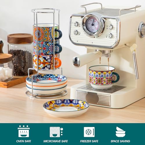 vancasso 8 Oz Espresso Cup Set of 4, Bohemian Ceramic with Stand | Microwave and Dishwasher Safe, Easy Clean, For Cappuccino, Tea, Latte, Espresso, Stackable Design with Handle - size: 8 Oz