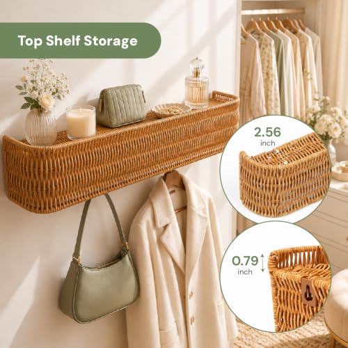 Handwoven Rattan Coat Rack Wall Mount with Shelf, 5 Hidden Hooks for Entryway, Modern Japandi Scandinavian Wall Organizer for Coats, Bags & Towels, Natural Minimalist Decor