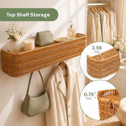 Handwoven Rattan Coat Rack Wall Mount with Shelf, 5 Hidden Hooks for Entryway, Modern Japandi Scandinavian Wall Organizer for Coats, Bags & Towels, Natural Minimalist Decor