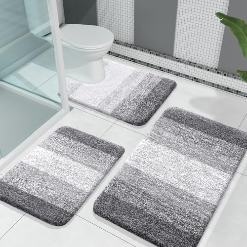 OLANLY Microfiber Bathroom Rugs Sets 3 Piece, 30"x20"+24"x16"+24"x20" | Grey, Soft Absorbent Bath Mats and U-Shaped Contour Toilet Rug, Machine Wash Dry, Plush Shaggy Bath Mat Set for Bathroom - color: Grey, size: 30" X 20" + 24" X 16" + U24" X 20"