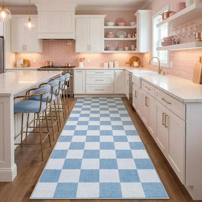 GarveeHome Checkered Blue 2x6 Washable Kitchen Runner Rug Low-Pile Entryway | Light Blue Small Area Rug for Hallway Bedroom Bathroom Non-Slip Stain Resistant Geometric Rugs TPE Backing - color: Light Blue, size: 2' x 6' (Rectangular)