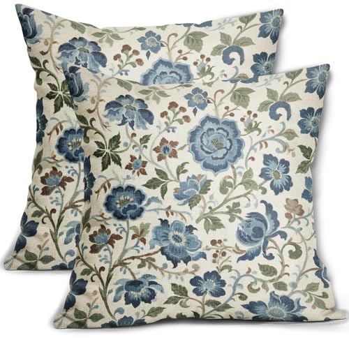 Blue Sage Green Floral Pillow Covers 16x16 Inch Set of 2 Spring Chinoiserie Farmhouse Vintage Flowers Decorative Throw Pillowcases Outdoor Cushion Cases Antique Seasonal Decor for Sofa Couch Bed - color: Blue Sage Green, size: 16" x 16" (Pack of 2)
