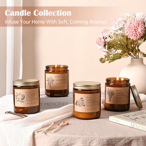 Scented Candles for Women, 4-Pack 9 oz Soy Candle Set for Home, 36 oz Total | Lavender, Amber-Sandalwood, White Sage & Coconut Vanilla. Soy Wax Aromatherapy Candles for Birthdays & Valentine's Day Gifts - color: 4 Pack Amber Jar Candles Set