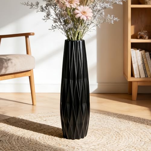 Black Tall Ceramic Floor Vase, 17.7 Inch, Ribbed Design | Matte Finish, Narrow Corners, Entryway, Bedroom, Compact Spaces - size: 17.7 Inch
