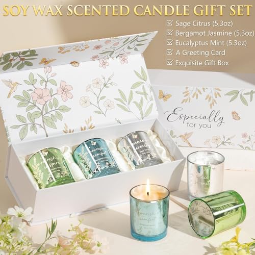 Scented Candles for Women, 3 Pack Soy Wax Candle Gift Sets for Home Scented | Holiday Votive Candle Gifts Set, Christmas Birthday Gifts for Women Mom Friend - Eucalyptus Mint/Bergamot Jasmin/Sage Citrus - color: Silver, Sage Green, Blue