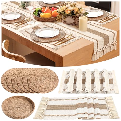 Boho Placemats 4/6/8 Set of Round Woven Placemat Macrame Style Bicolor Stitching Long Table Runner Farmhouse Rustic Natural Burlap Cotton for Kitchen Dining Table(6 Sets,Khaki A,12x72) - color: Khaki a, size: 12x72"