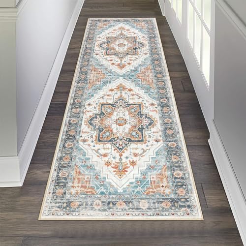Pauwer Vintage Floral 2x6 Runner Rug, Non Slip Hallway Rug Runner, Blue | Machine Washable, Faux Wool, Low-Pile, Non-Shedding, Soft Distressed Floor Carpet For Entryway, Laundry, Bedroom, Kitchen - color: Blue, size: 2' x 6' (Runner)