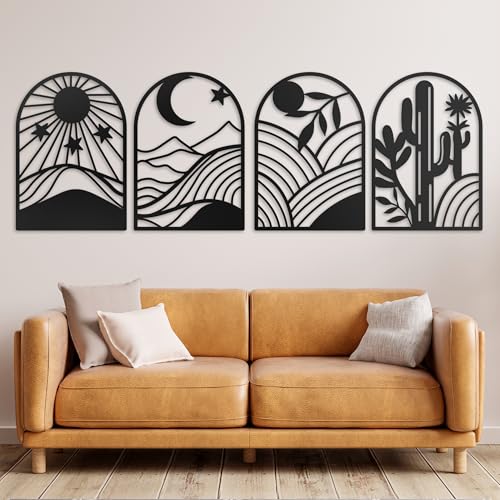 GALLERY GRACE Metal Wall Art Decor – 11" x 16", 4Pc Single Line Abstract Wall Art for Living Room, Bedroom, Office – Boho Minimalist Black Wall Decor Featuring Sun, Moon, Landscape & Desert Panels | 11 x 16 In Panels, Sun, Moon, Landscape and Desert Desig