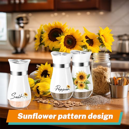 Sunflower Salt and Pepper Shakers - 4 oz Refillable Glass Farmhouse Set | Sunflower Glass Shakers Add Farmhouse Charm to Kitchen Tables And Suit Housewarming Gifts, Thanksgiving And Christmas Decor. - color: Sunflower
