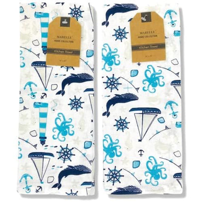 Summer Kitchen Dish Towel Set: Two Lighthouse Ocean Life Design, One Home is Where Your Anchor Drops Set of 3 (Coastal) - color: Coastal Anchor