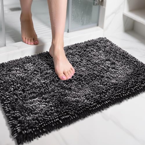 Yimobra Chenille Bathroom Rugs Non Slip, Extra Thick Soft Absorbent Bath Rug 31.5x20 Inch, Machine Washable Quick Dry Bath Mat for Bathroom Floor, Tub and Shower, Home Decor Accessories, Dark Grey - color: Dark Grey, size: 31.5" X 20"