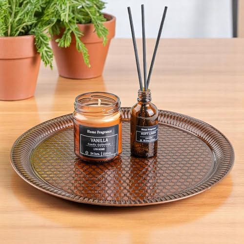 Alisveristime Round Hammered Metal Serving Tray – Ottoman Style, (11.8" Diameter, 12.6 oz) 5 Color Options (Brown) - color: Brown