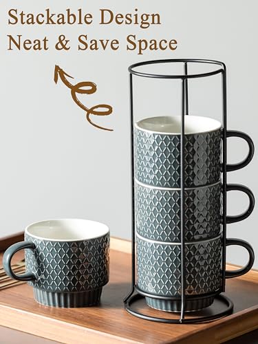 Gomakren Coffee Mugs Set of 4, 13oz Stackable Coffee Cup with Stand, Grey | Stackable Space-Saving, with 4 Spoons | Textured Grey Grid Stoneware Dishwasher Safe, for Coffee Milk Tea Cocoa & Gifting Use - color: Gray