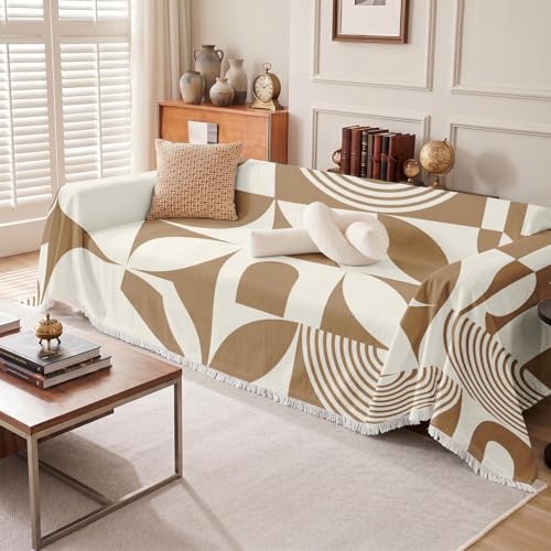 Couch Cover Blanket, Polyester, 71x118 Inch, Boho Beige Abstract | Neutral Decorative Non Slip Soft Washable Furniture Protector Throw for Sofa - color: Beige Boho