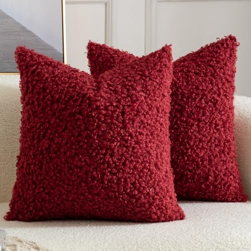 Yaertun Pack of 2 Faux Fur Throw Pillow Covers Decorative Sherpa Boucle Pillow Covers Fuzzy Soft Pillowcases Sheepskin Fleece Cushion Case for Couch Sofa Bed Living Room 20x20 Inch Burgundy - color: Burgundy, size: 20" x 20" (Pack of 2)