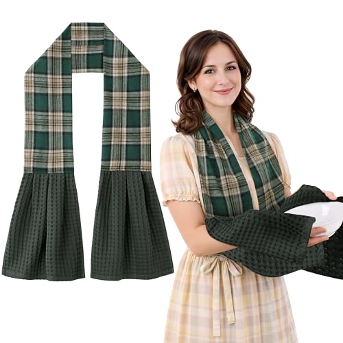 Cozy Laur Detachable Button Kitchen Towel Scarf – 100% Cotton Waffle Weave Hand Towel, Removable Washable Design for Cooking, Cleaning & Decoration - color: Dark Green