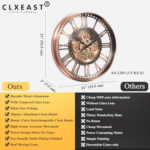21" Metal Roman Numeral Wall Clock with Moving Gears,Copper | SIilent Non Ticking, Aluminum Dial, Unique Modern Wall Clock for Living Room, Dinning Room, Entryway & Home Office - color: Roman Copper, size: 21"