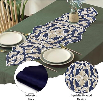 Beaded Table Runner, Blue Silver, 36x13 | Glass beads on polyester satin backing, 36x13 in, non-slip, weddings, holidays, dining & console tables - color: Navy/Silver, size: 36"x13"