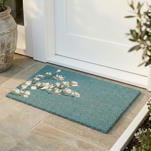 Fab Habitat Floral Non Slip Doormat - Durable, Thin - Natural Coir & Rubber - Entryway, Front Door, Porch, Patio - Magnolia Branch Teal (18" x 30" Non-Slip) - color: Magnolia Branch, size: Large (18 x 30 inch) - Extra Thin, Low Profile