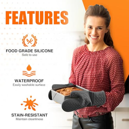 Silicone Oven Mitts, Heat Resistant 2PCS Oven Mitts with Soft Cotton Lining, Waterproof Non-Slip Grip Oven Glove, Kitchen Potholder Mits for BBQ, Baking, Cooking, 12.5 Inch - Black - color: Black