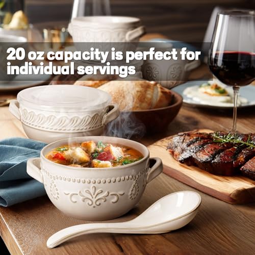 French Onion Soup Bowls with Handles and lids & Spoons, 20 Oz Ceramic Soup Crocks Oven Safe Serving Bowls for Chili, Beef Stew, Cereal, Pot Pies, Embossment, Set of 4, White (Multiple Patterns) - color: White (Multiple Patterns)