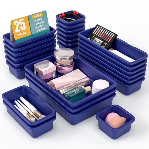 StoreHappily 25 PCS Drawer Organizer Set, 4 Size Makeup Drawer Divider Organizer With Non-Slip Pads, Interlocking Plastic Storage Bins for Office,Jewelry Vanity,Gadgets, Bathroom,Kitchen, Navy - color: Navy, size: 25Pack
